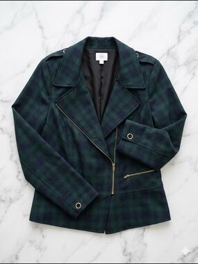 CAbi Tartan Plaid Moto Blazer Size 14